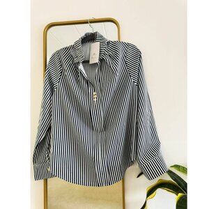 Black & White Striped Blouse – Chic Office Button Detail Top NWT